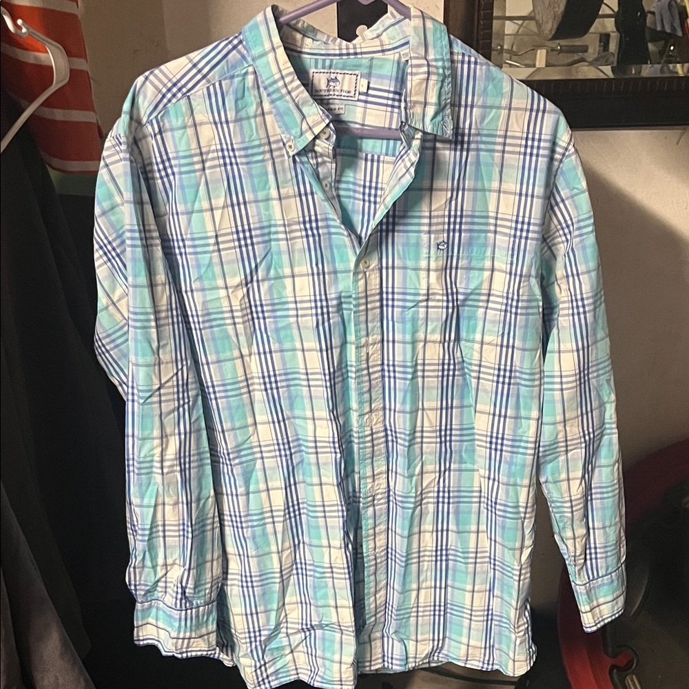 Southern Tide Aqua and White Plaid Shirt